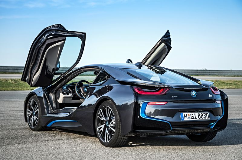 black bmw i8 with doors open